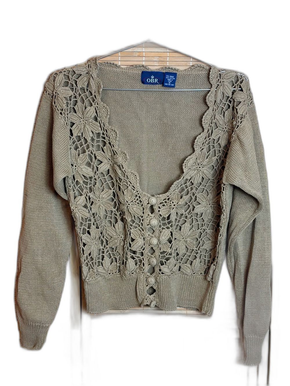 Crochet Lace Button Front Sweater Cardigan Olive Green M Floral Pattern
